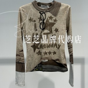 2025早秋趣味假兩件3D印花眼鏡掛飾打底絨衫 fd雙皇冠專柜正品