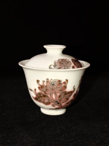 正萌柴窑釉里红龙爪皇菊薄胎岩茶盖碗110cc窑宝发色纯手工手绘