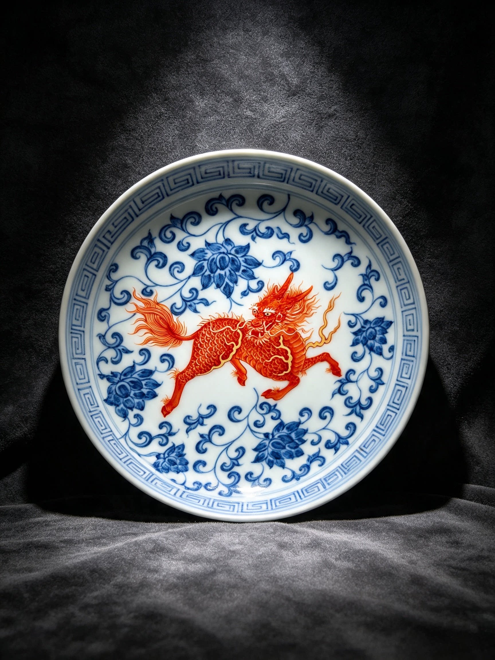 望月怀古青花矾红福瑞连连壶承直径16.8cm 高度3.5cm纯手工手绘