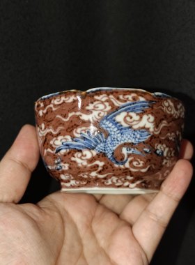 正萌堂青花釉里红八方仙鹤杯170cc喝茶主人杯纯手工手绘送礼收藏