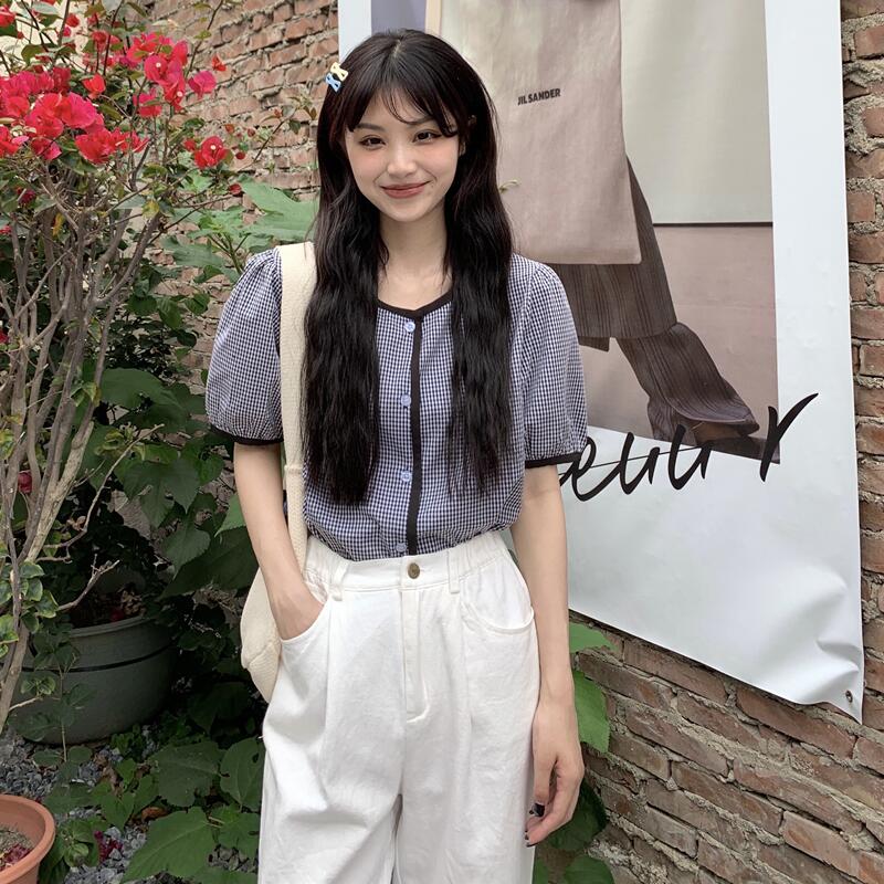 Real price contrast round neck bubble sleeve checked shirt