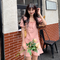 A-line dress with high waist, square neck, bubble sleeve and ruffle