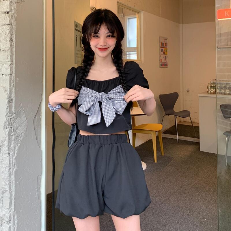 Real price square neck bow top + high waist bubble pants A-line skirt