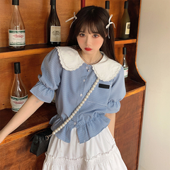 Real price bubble sleeve baby collar age reduced waist Plaid Shirt