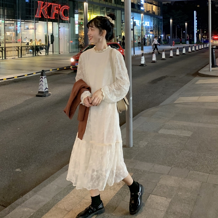 Real price loose and slim lace sleeve stand collar heavy hook lace dress