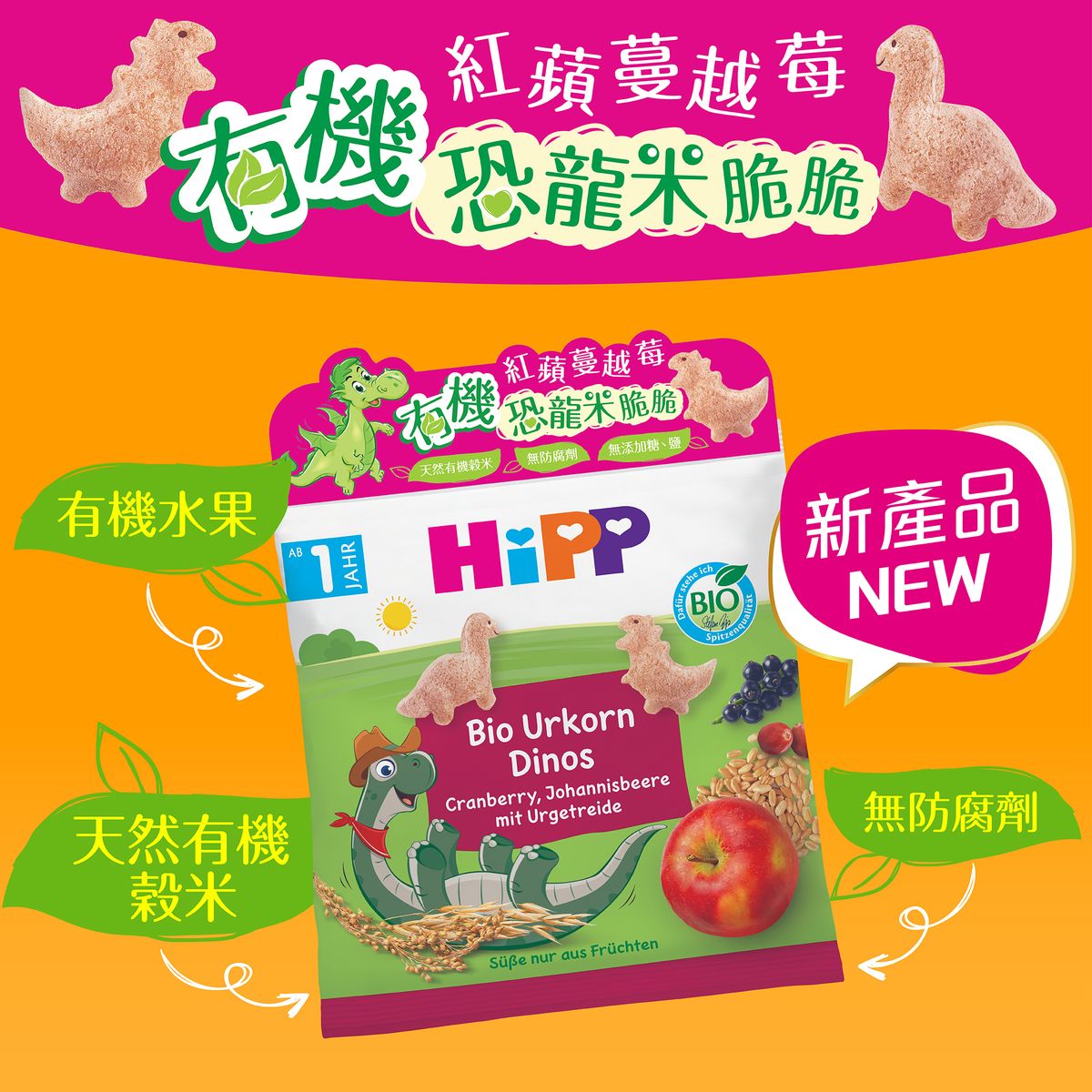 喜宝有机红苹蔓越莓恐龙米脆脆适合12个月以上婴幼儿食用香港进口