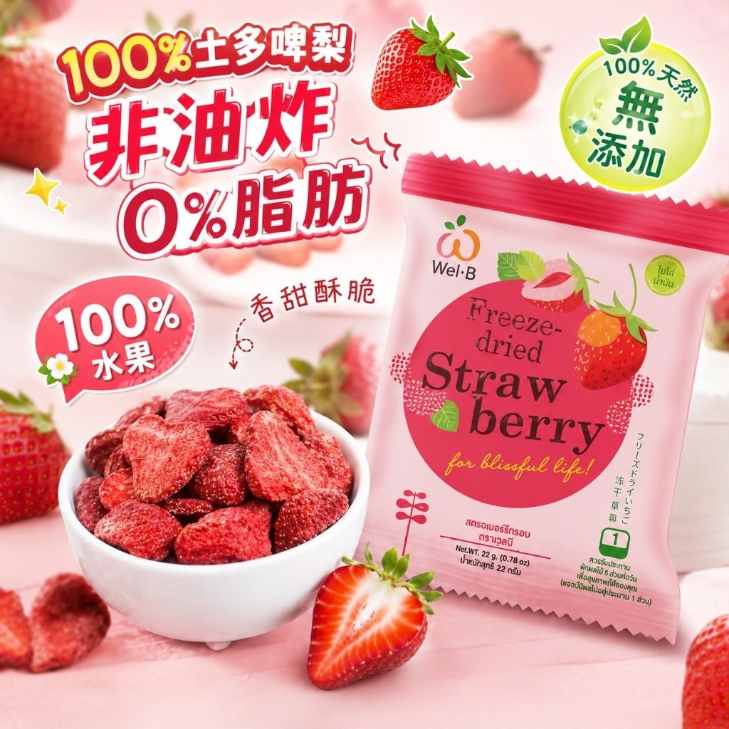 WEL-B婴幼儿100%天然草莓干22g无加糖水果脆片水果干非油炸非烘烤
