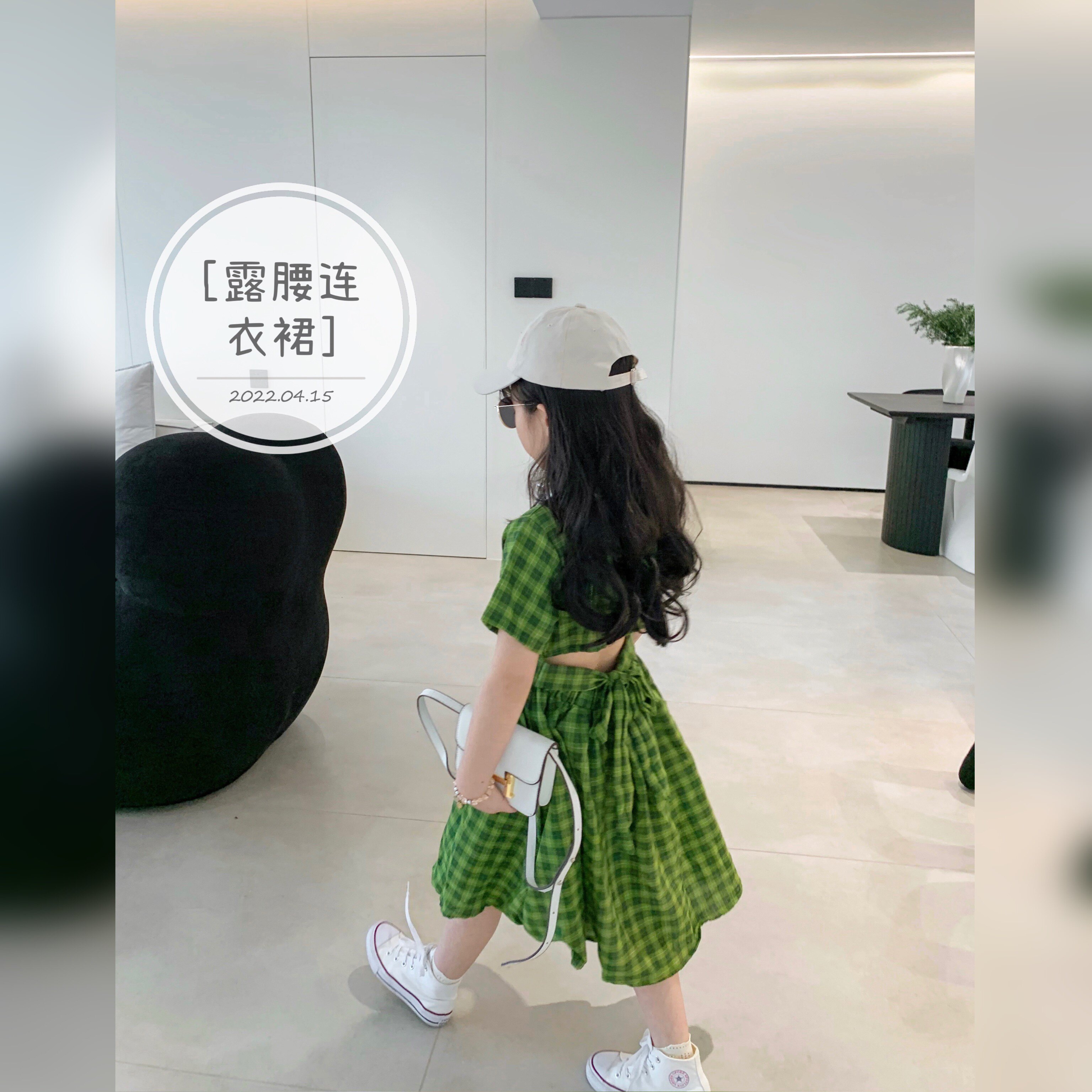 2022夏款女童韩版连衣裙洋气宝宝格子露腰公主裙棉麻文艺宽松裙子