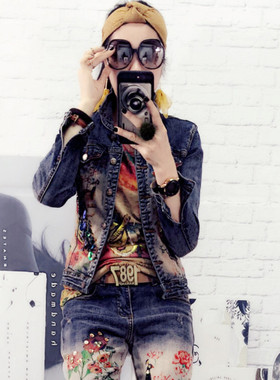 欧洲站2021秋冬新款时尚重工欧货亮片印花美女烫金修身牛仔外套女