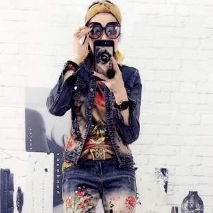 牛仔外套女 重工欧货亮片印花美女烫金修身 欧洲站2021秋冬新款 时尚