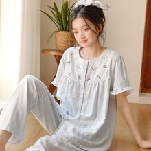 女款短袖长裤家居服夏季薄款纯棉纱布睡衣初高中学生大女孩子青年