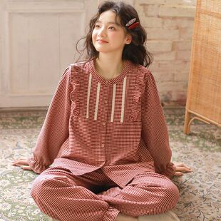 女款全棉磨毛绒布家居服春秋冬开衫睡衣睡裤收口花边袖室内套装