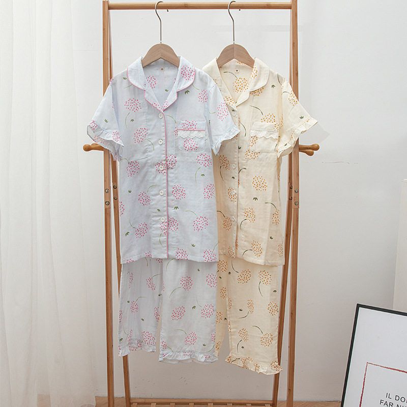 女款短袖七分裤家居服夏季纯棉纱布青少年女孩初中生高中学生睡衣