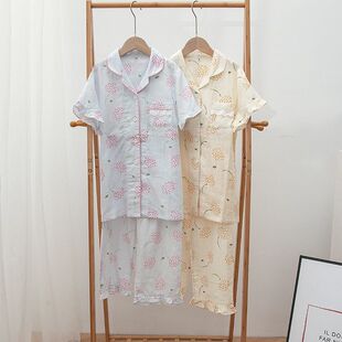 女款短袖七分裤家居服夏季纯棉纱布青少年女孩初中生高中学生睡衣