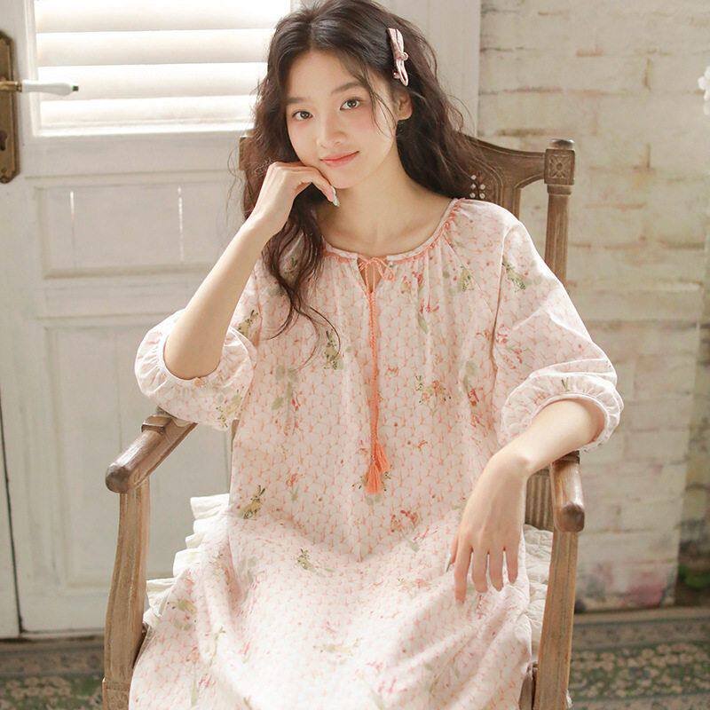 女款春夏七分袖睡裙纯棉纱布初中生高中学生女孩室内家居裙睡衣裙