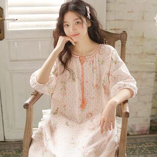女款春夏七分袖睡裙纯棉纱布初中生高中学生女孩室内家居裙睡衣裙