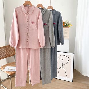 女款长袖全棉磨毛家居服春秋冬睡衣室内套装收口袖子开衫小翻领