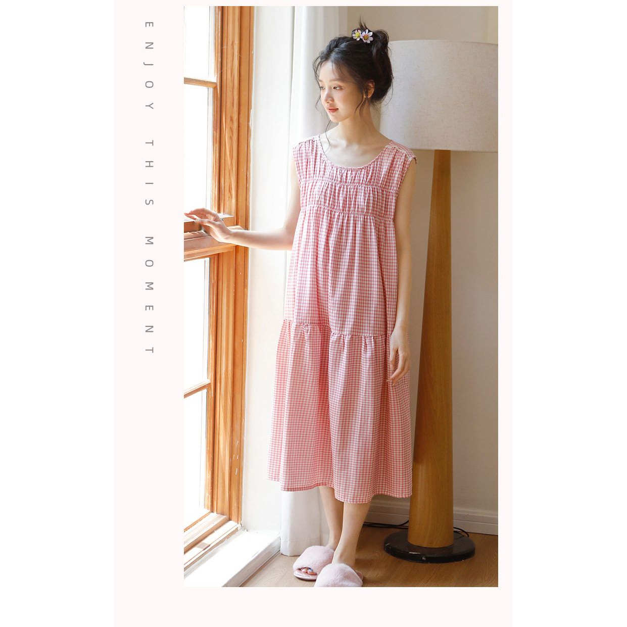 女款无袖睡裙纯棉纱布小格子初高中学生长款坎袖睡衣裙子夏家居裙