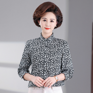 婆婆上衣女中老年长袖 立领打底衫 休闲衬衣 春秋季 气质妈妈纯棉衬衫