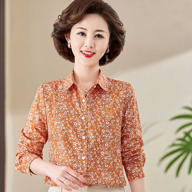 纯棉衬衫女2025春秋新款中年妈妈洋气印花上衣薄款打底衫婆婆衬衣