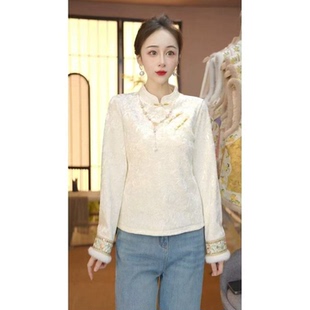 国风加绒加厚上衣女 新中式 秋冬新款 复古盘扣刺绣蕾丝拼接打底衫