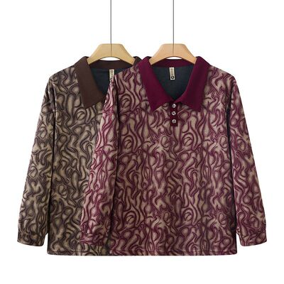 中老年时尚百搭衬衣春秋季新款加肥加大妈妈装洋气翻领长袖T恤