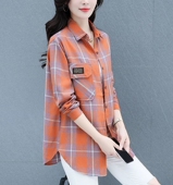 中年妈妈春秋装 宽松衬衣潮 上衣外套女夏季 格子棉布衬衫 女衬衣大码