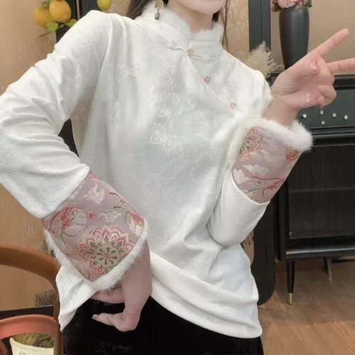 时尚秋冬加绒保暖打底上衣新中式国风宽松毛领刺绣提花长袖T恤衫