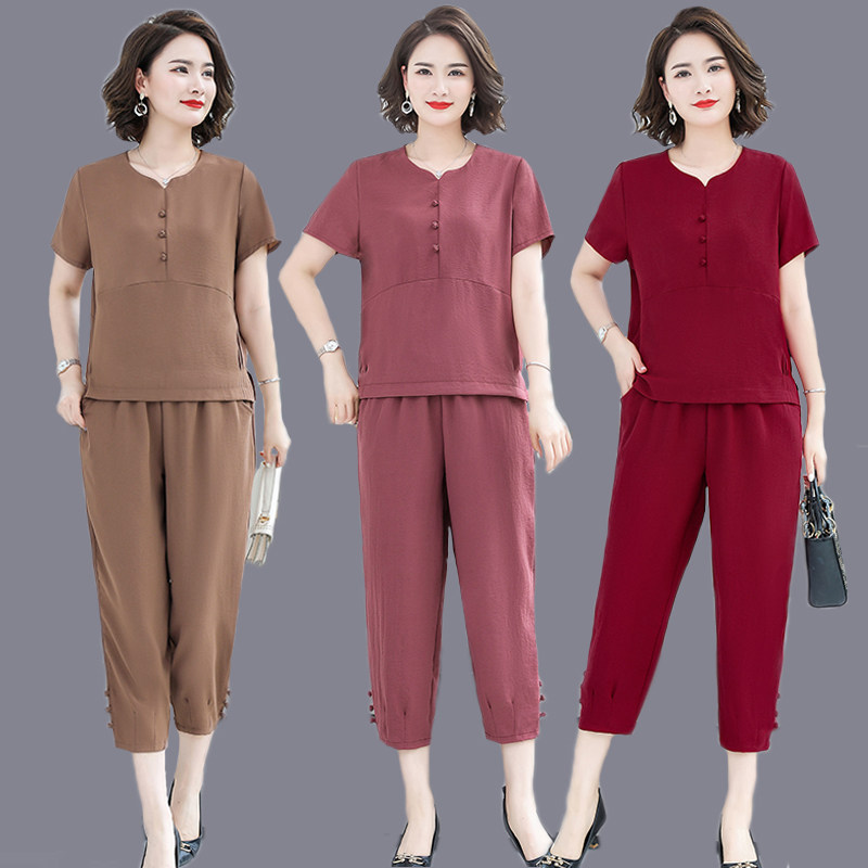 妈妈夏装新款短袖T恤时尚套装女大码宽松休闲两件套中老年人服装,女装/女士精品,时尚套装,淘宝优惠券,粉丝福利购,淘宝优惠卷
