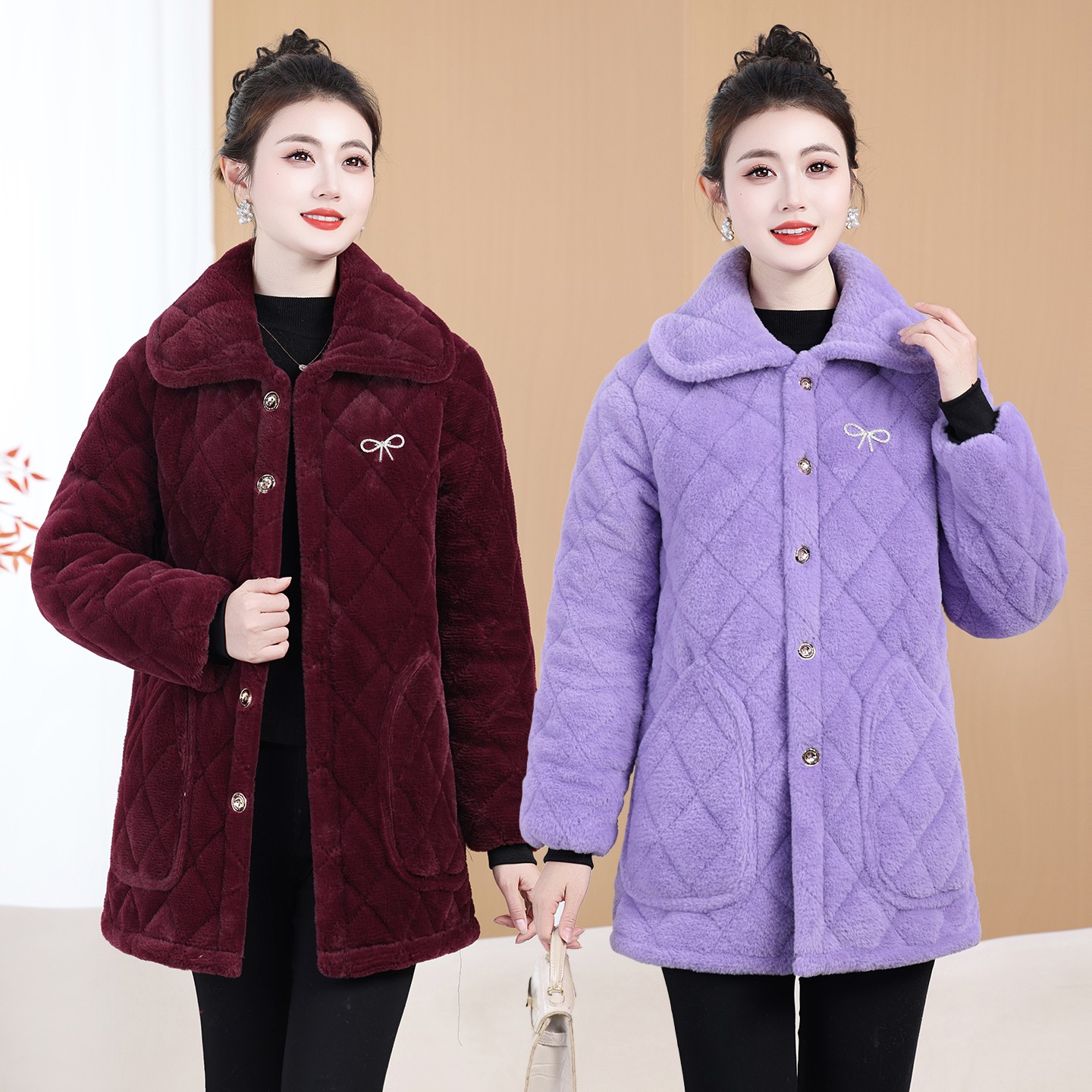 冬季棉衣棉服棉袄罩衣新款妈妈三层保暖加绒加厚大码兔毛外套