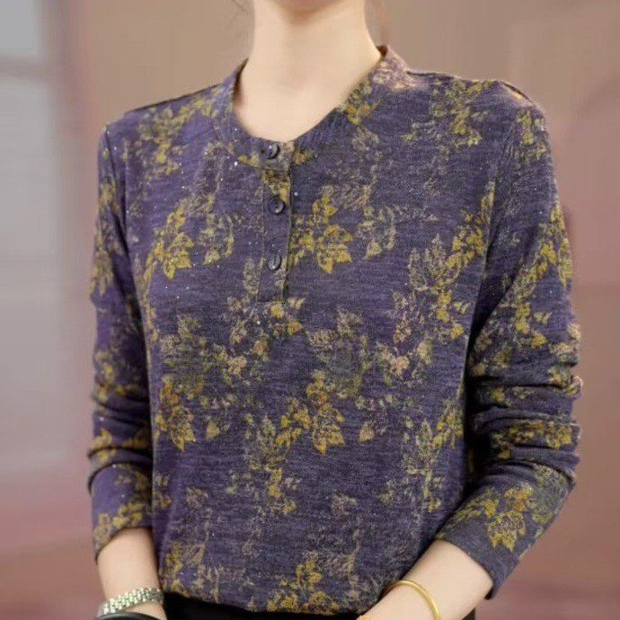 圆领长袖宽松显瘦印花T恤内搭打底衫女气质优雅时尚衬衫秋季新款