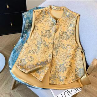 2025春秋新款 气质百搭坎肩背心女士国风织锦提花侧开叉马甲女