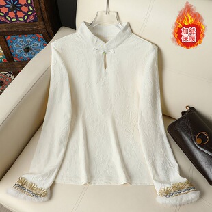 秋冬加厚内搭外穿水貂毛刺绣T恤新中式 上衣女 国风加绒白色打底衫