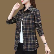 新款衬衣中年纯棉衬衫女小个子妈妈春装格子衬衣百搭休闲长袖上衣