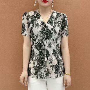 洋气宽松显瘦中年妈妈冰丝上衣百搭娃娃领碎花短袖 薄透气 T恤小衫