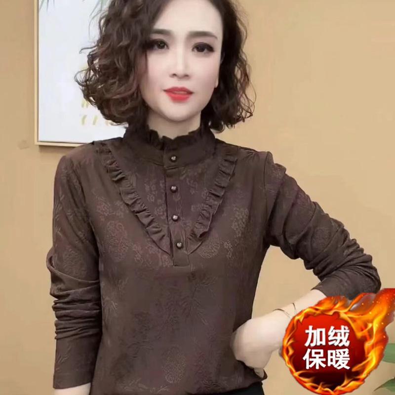 时尚新款妈妈装木耳边一体绒打底衫时尚女装长袖加绒提花棉小衫