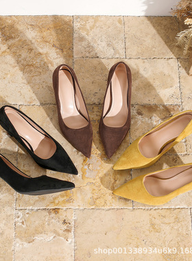 艺林跨境外贸春秋新款高跟鞋黑色职业女鞋浅口工作鞋尖头粗跟单鞋