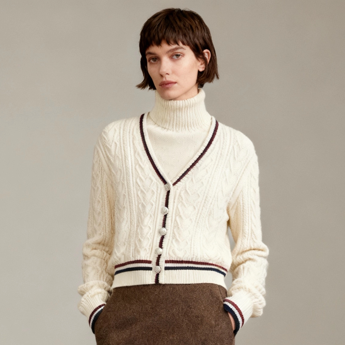 学院风麻花编织针织衫女2025冬季新款加厚大V领短款开衫毛衣外套