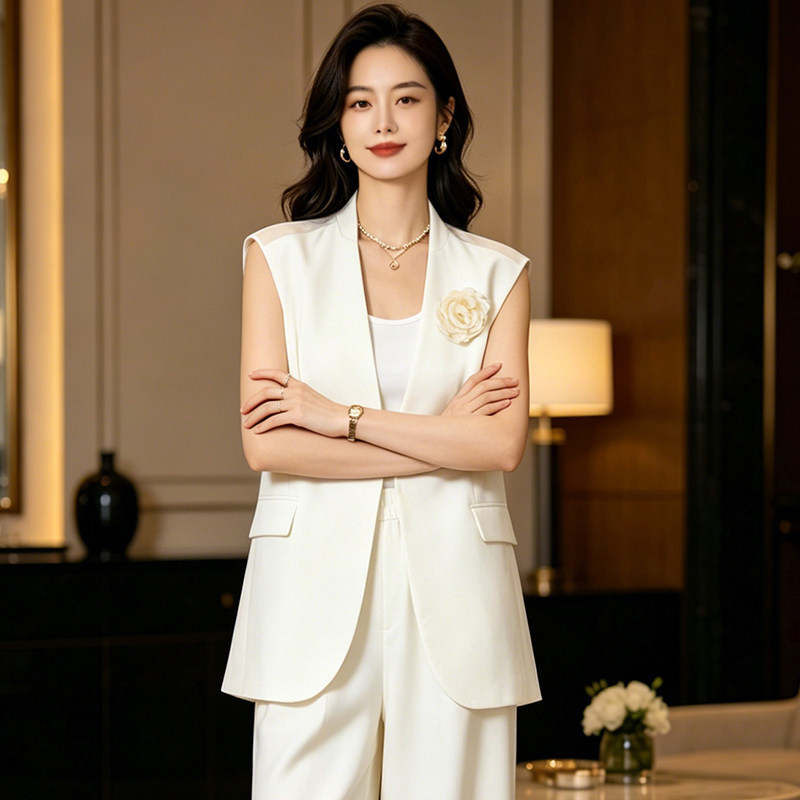 轻奢通勤简约西装马甲女2026夏季新款立体花朵装饰后背透视上衣
