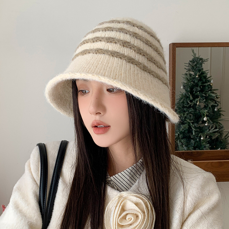 日系卷边条纹复古毛绒渔夫帽女秋冬保暖百搭大帽檐显脸小水桶帽子
