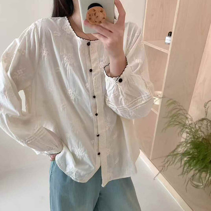 2025春装韩版宽松显瘦百搭刺绣衬衫女长袖休闲衬衣薄外套花朵上衣