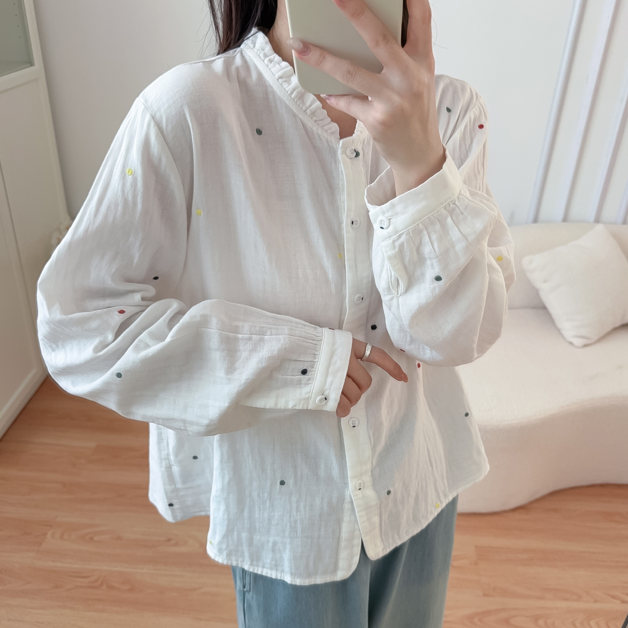 春秋款双层棉纱立领长袖衬衫女重工刺绣圆点衬衣小清新百搭上衣