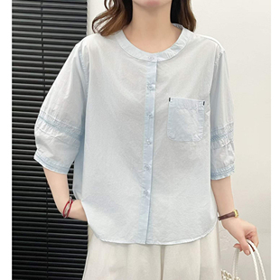 女宽松显瘦小个子通勤穿搭上衣七分袖 刺绣衬衣 衬衫 简约圆领五分袖