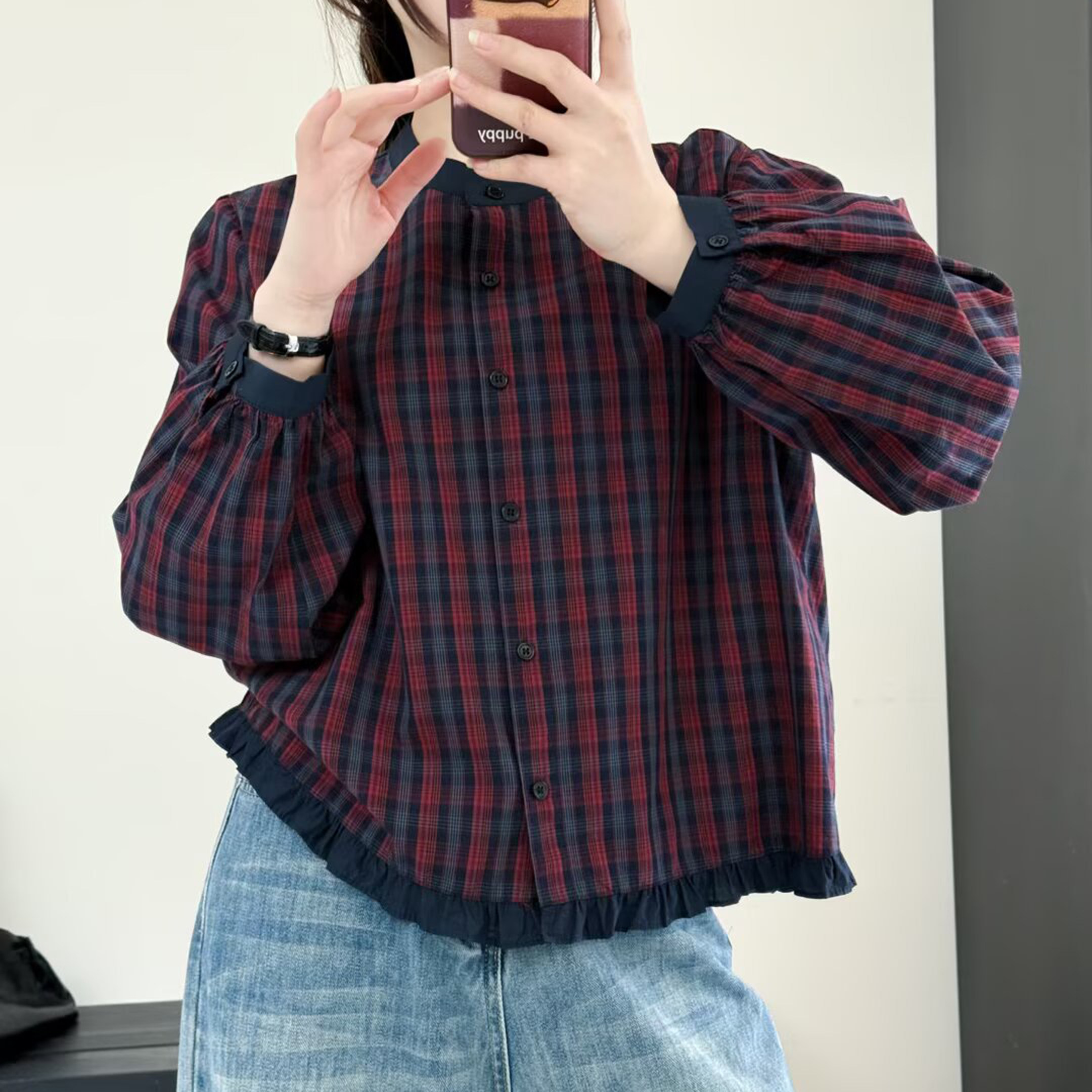 格子长袖衬衫女圆领木耳边拼接显瘦上衣撞色防晒薄外套灯笼袖衬衣
