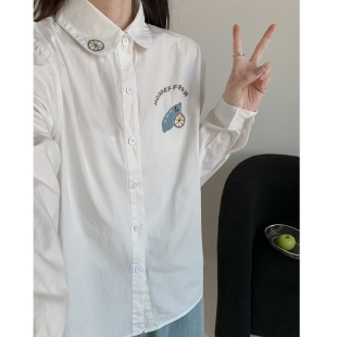 文艺小清新卡通刺绣白衬衫 纯棉减龄学院风衬衣防晒薄外套 女长袖