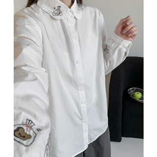 学院风刺绣小熊白衬衫 纯棉百搭减龄日系叠穿衬衣防晒薄外套 女长袖