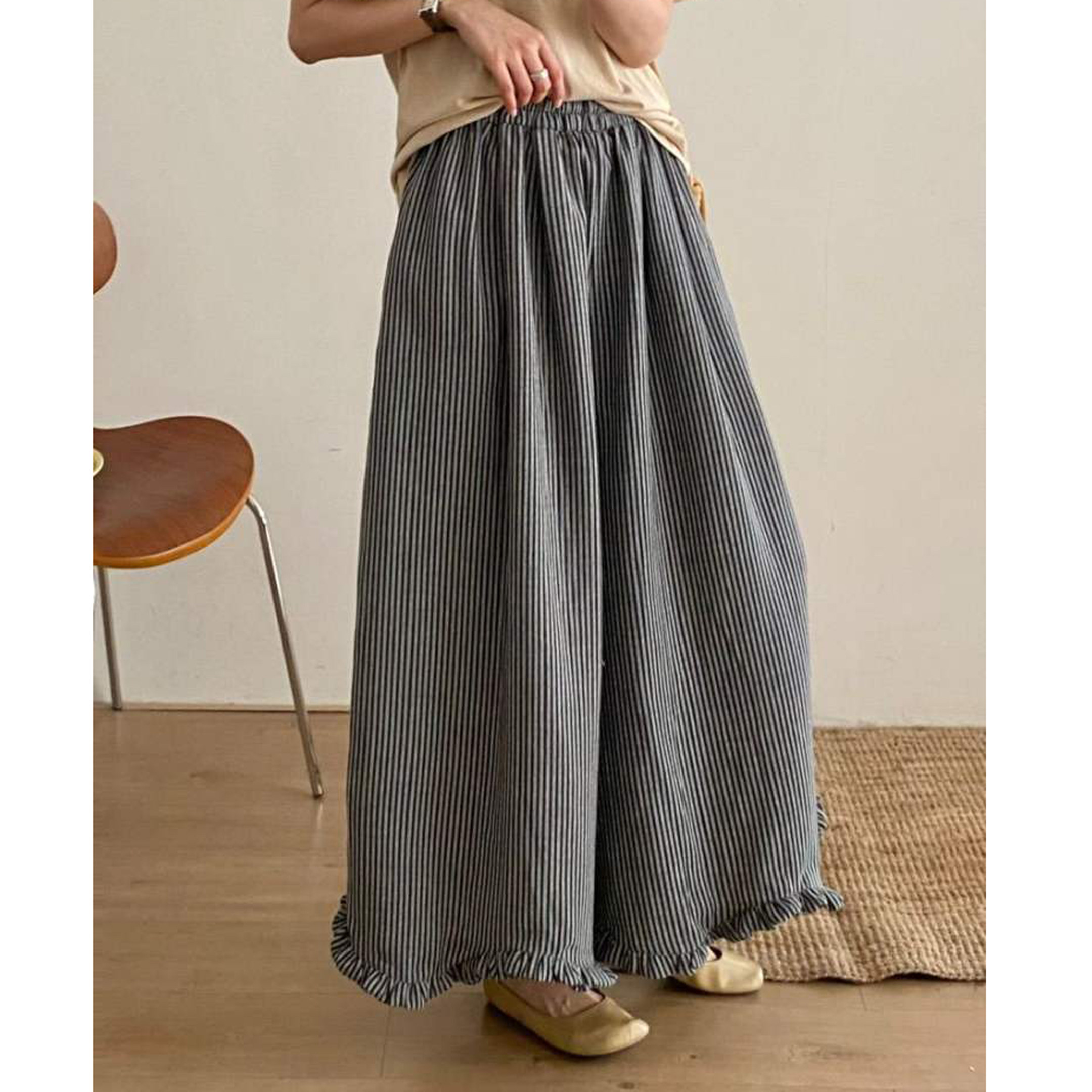 日系复古条纹阔腿裤高腰木耳边休闲长裤小个子设计感裤裙大版裙裤,女装/女士精品,休闲裤,淘宝优惠券,粉丝福利购,淘宝优惠卷