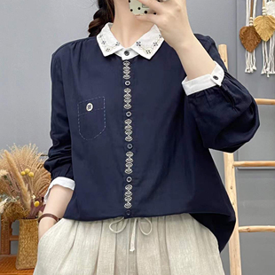 通勤刺绣衬衫 宽松POLO领双层棉纱洋气上衣撞色柔软衬衣打底 女长袖