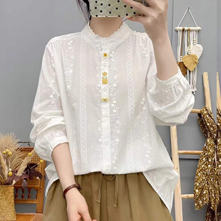 宽松设计感打底衫 提花小清新衬衣 女长袖 文艺蕾丝花边立领白衬衫