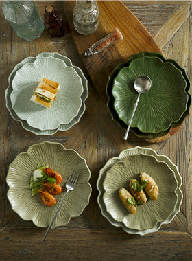 中式景德镇复古清涟荷花盘陶瓷家用盛菜饭店怀旧风格用具古风典雅